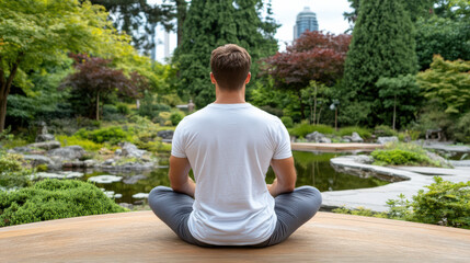 person practicing deep breathing exercises in peaceful garden setting