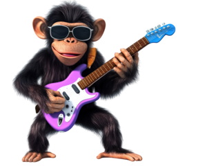 Monkey playing guitar, wearing sunglasses, rock star pose, fun, colorful, cartoon character, music, entertainment, playful, vibrant
