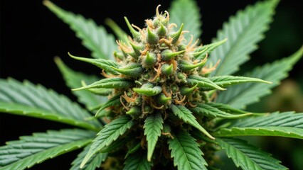 Fototapeta premium Close-up of a pink champagne strain cannabis plant with vibrant green leaves and orange pistils.