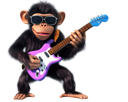 Monkey playing guitar, wearing sunglasses, rock star pose, fun, colorful, cartoon character, music, entertainment, playful, vibrant