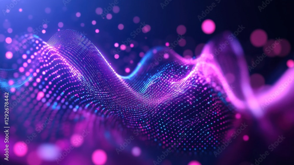 Poster abstract colorful wave pattern with glowing dots and lines, creating a vibrant digital landscape