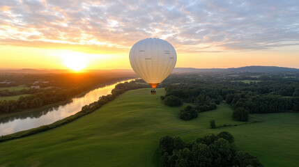 Obraz premium scenic hot air balloon ride at sunrise over lush green fields and river