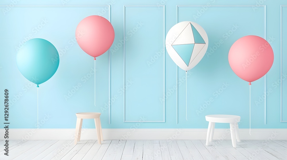 Poster Pastel colored geometric helium balloons in various shapes and sizes suspended in a minimalist studio setting with a simple pastel green backdrop  The floating