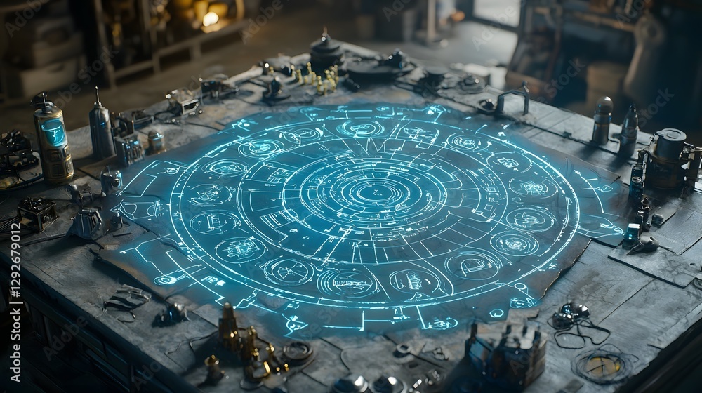Poster photo of an advanced alien communication device emitting holographic symbols and unknown languages i