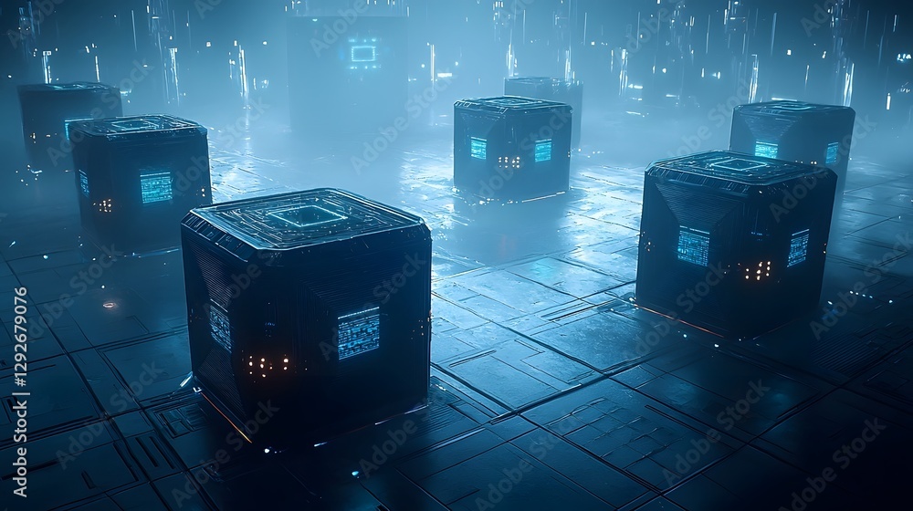 Poster photo of an advanced alien data storage system featuring crystalline matrices and shifting holographic displays  The futuristic structure glows with a blue ethereal energy