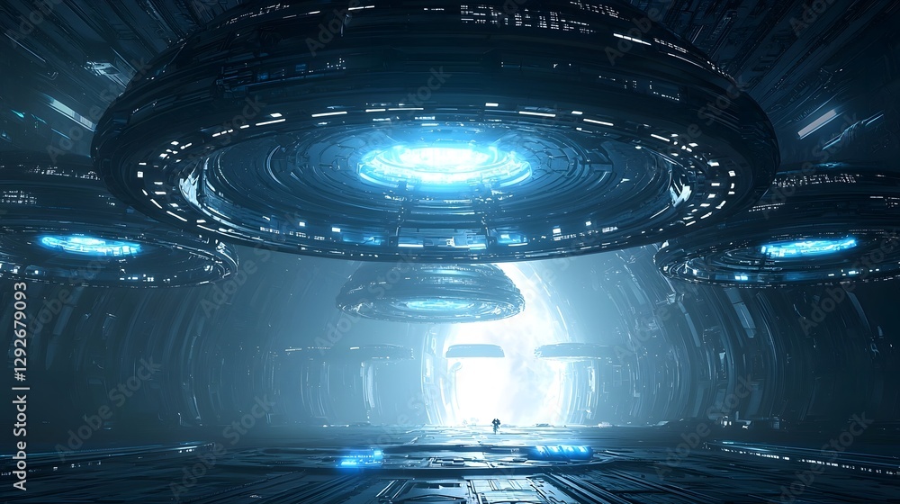 Aufkleber photo of an alien defense system with floating orbs projecting powerful energy shields in the interi