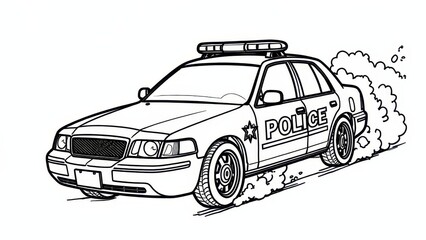 A police car coloring page featuring a detailed outline of a police vehicle with a light bar on top and smoke coming from the tires.