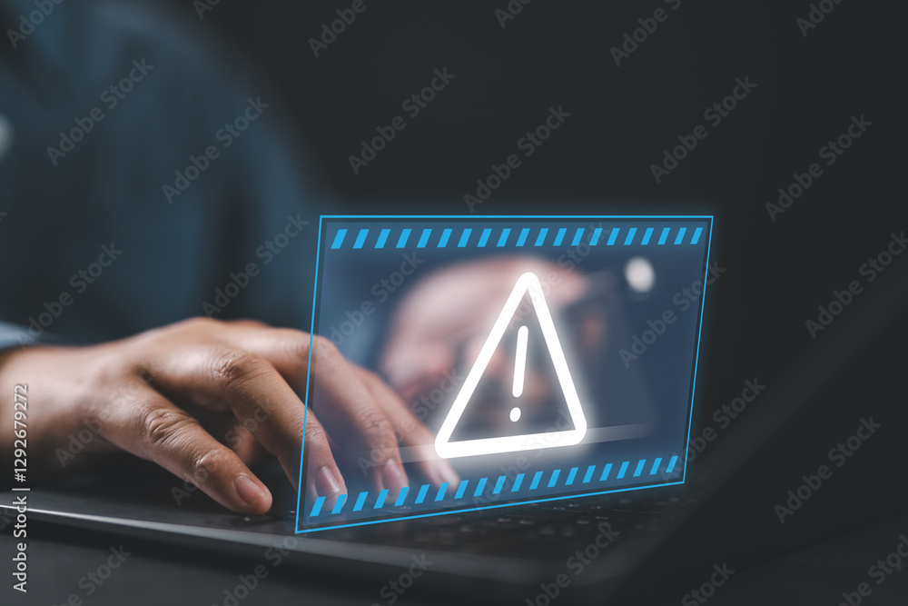 Poster Cybersecurity, System warning hacked alert, Protection against personal data hacking, Notification error mark computer virus detected caution, Cyber attack on computer network, Virus and cybercrime