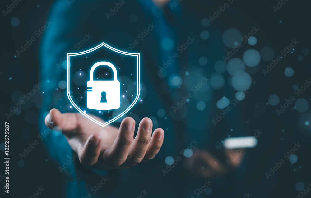 Poster Cyber security network. Businessman holding Padlock shield icon and internet technology networking and protecting data personal information. Data protection privacy concept. privacy security. GDPR. EU