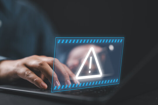 Cybersecurity, System warning hacked alert, Protection against personal data hacking, Notification error mark computer virus detected caution, Cyber attack on computer network, Virus and cybercrime