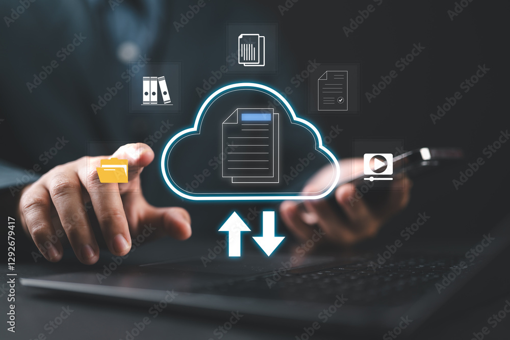 Poster Businessman using laptop and dashboard for data management with computer showcasing a cloud-based documentation system for efficient digital file storage,online documentation technology