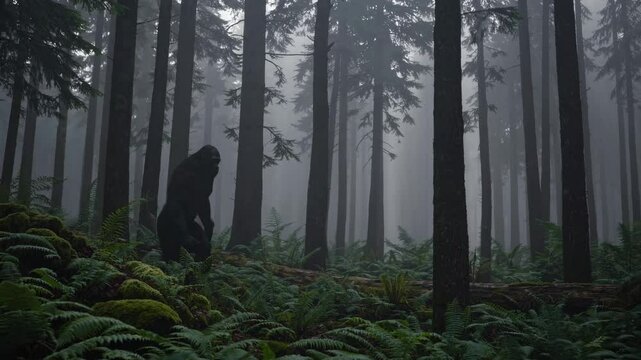A mysterious forest scene with a silhouette of a creature among tall trees. Shot from a low angle, creating a cinematic video atmosphere.