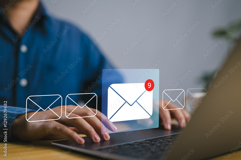 Poster Businessman using laptop with email. Business email communication in the digital age new messages and alerts. Inbox with email Marketing Strategy and Notifications. internet technology.