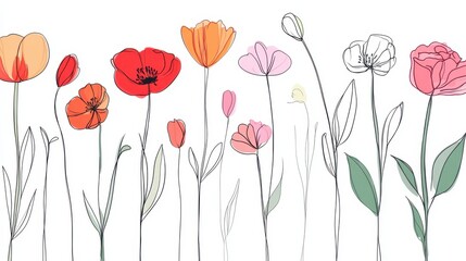Illustration of Assorted Flowers with Thin Stems and Leaves