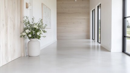 Modern hallway, light wood walls, flowers, polished concrete floor, bright windows, home interior design