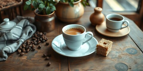 Fototapeta premium A cozy cup of coffee and slice of cake on a rustic table, perfect for a tranquil morning setting, cake, design