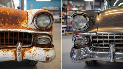 Fototapeta premium Classic car restoration transformation showcasing rusty wear versus polished shine in a workshop. Generative AI