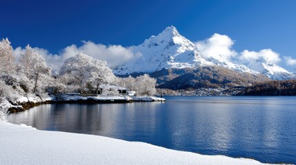 Snow-covered lake, mountain backdrop, winter scene, travel postcard