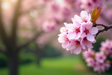 Obraz premium Blooming cherry blossoms on blurred garden background, cherry blossoms, pink, floral