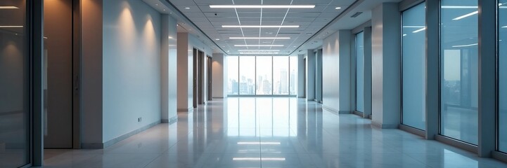 Fototapeta premium A long and spacious empty office corridor with modern lighting and a polished floor, office, empty, clean