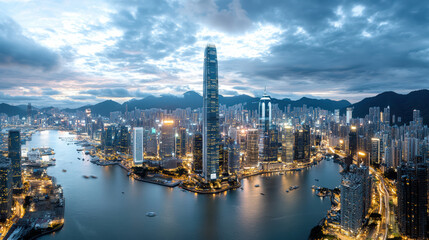 Naklejka premium stunning drone shot of city skyline at twilight, showcasing vibrant lights and reflections