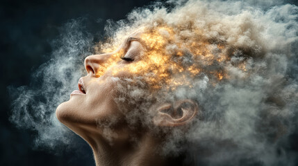 surreal digital artwork of person head with explosion of clouds and light