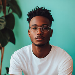 Obraz premium Portrait of a young man in stylish glasses indoor studio photography modern environment close-up view fashion concept