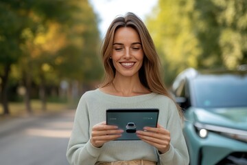 Smiling Woman Using Digital Tablet for Electric Car Control Outdoors