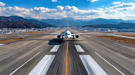 busy international airport with plane on runway and mountains in background