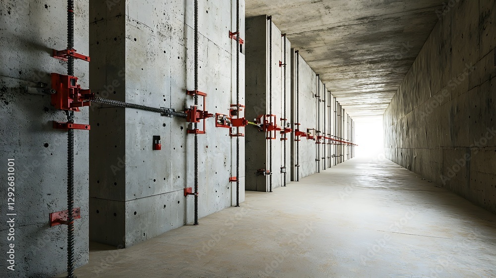 Fototapete photograph showcasing the interior of a tunnel with concrete walls being reinforced by automated bol