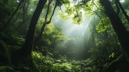 Naklejka premium Sunlight beams through the trees of a dense, green rainforest.