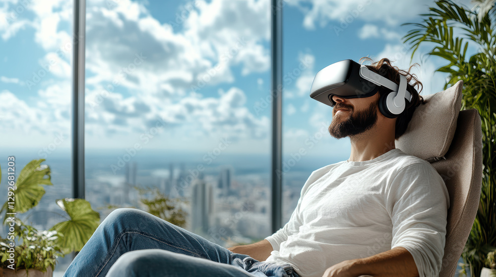 Poster man enjoying virtual reality experience in modern setting