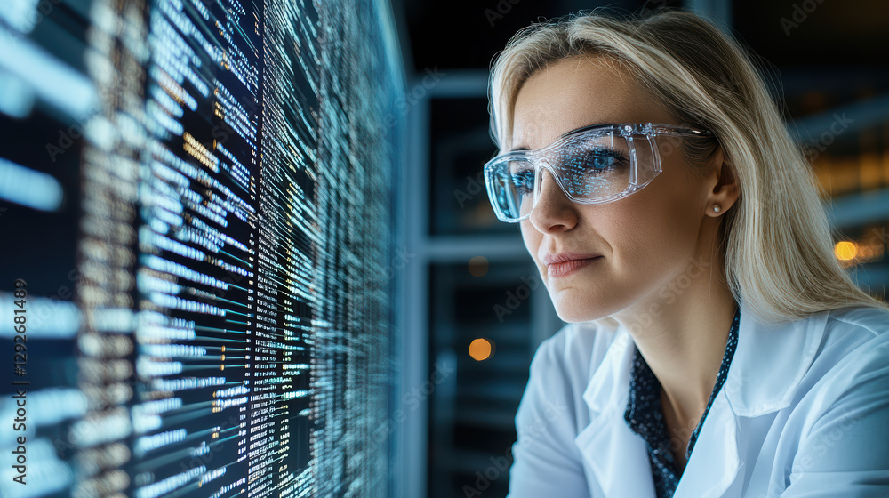 Poster young scientist analyzing data on digital screen with focus and curiosity