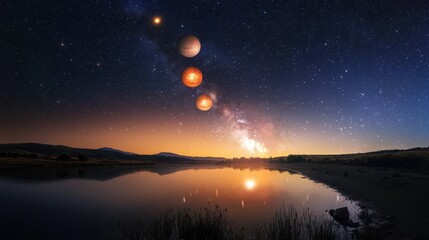 A breathtaking planetary alignment fills the night sky each planet glowing with radiant energy