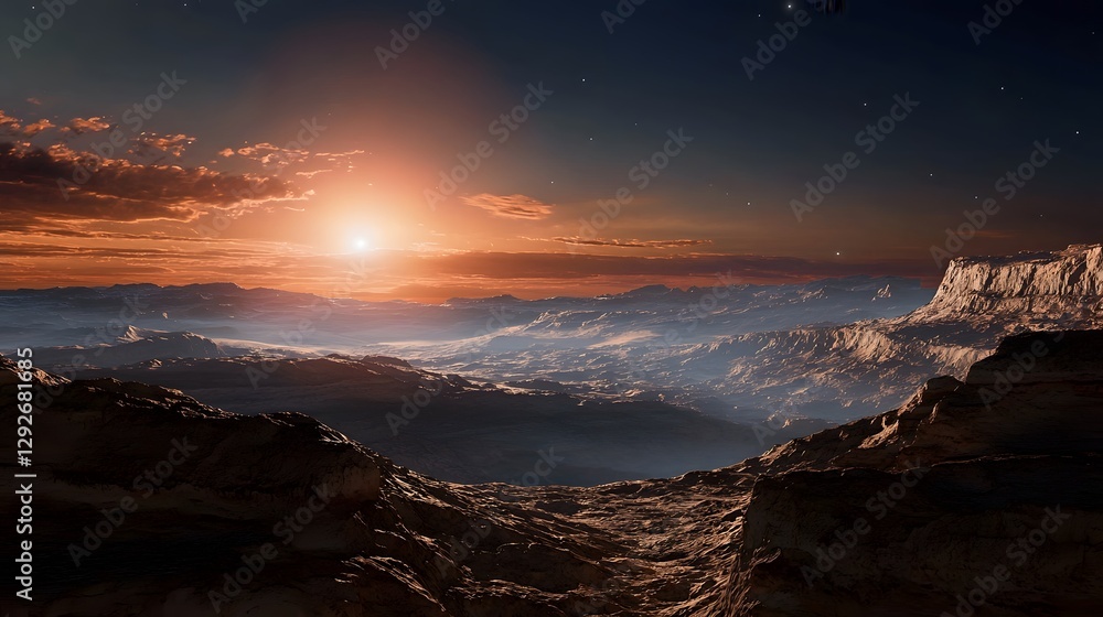 Poster rendering depicting the landscape of the exoplanet Proxima b illuminated by the reddish light of its parent star Proxima Centauri with a rugged rocky terrain set against a dramatic alien sky