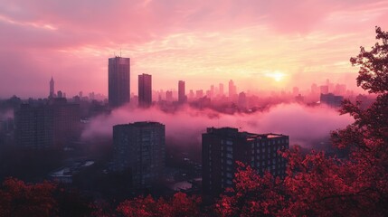 Obraz premium Pink sunset over the city with fog rolling in