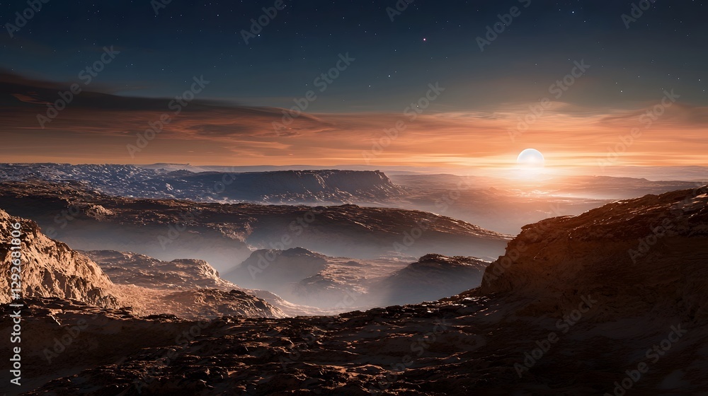 Aufkleber rendering depicting the surface of the exoplanet proxima b during a dramatic sunset showcasing the p