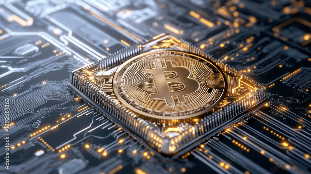 Poster digital wallet showcasing bitcoin on circuit board background