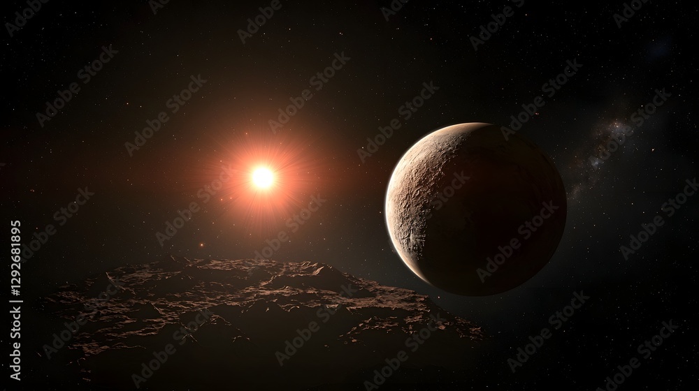 Poster rendering of the surface of the exoplanet Proxima b with a red sky illuminated by the light of its red dwarf parent star Proxima Centauri