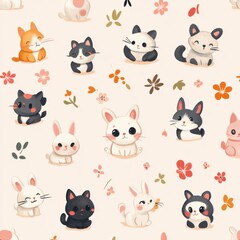 Pattern of Cartoon Cats, Rabbits, Flowers, and Leaves