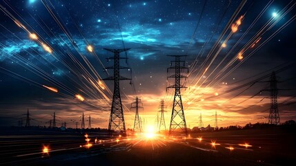 Dramatic high voltage pylons with radiant electric currents pulsating through the wires set against a deep cosmic sky representing the modern electricity supply and transmission infrastructure