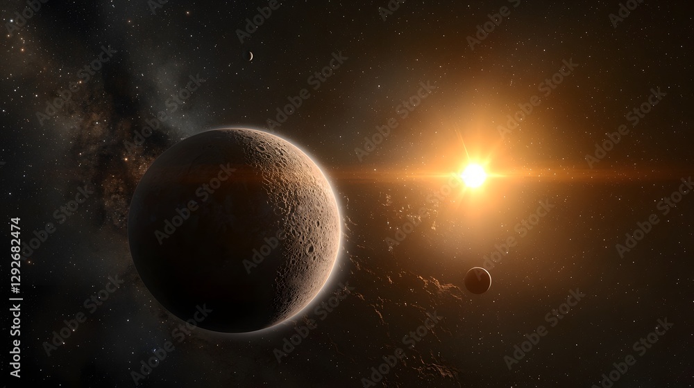 Poster scientific visualization showcasing the orbit of the exoplanet Proxima b around the red dwarf star Proxima Centauri highlighting the tidal locking effects and captivating cosmic landscape