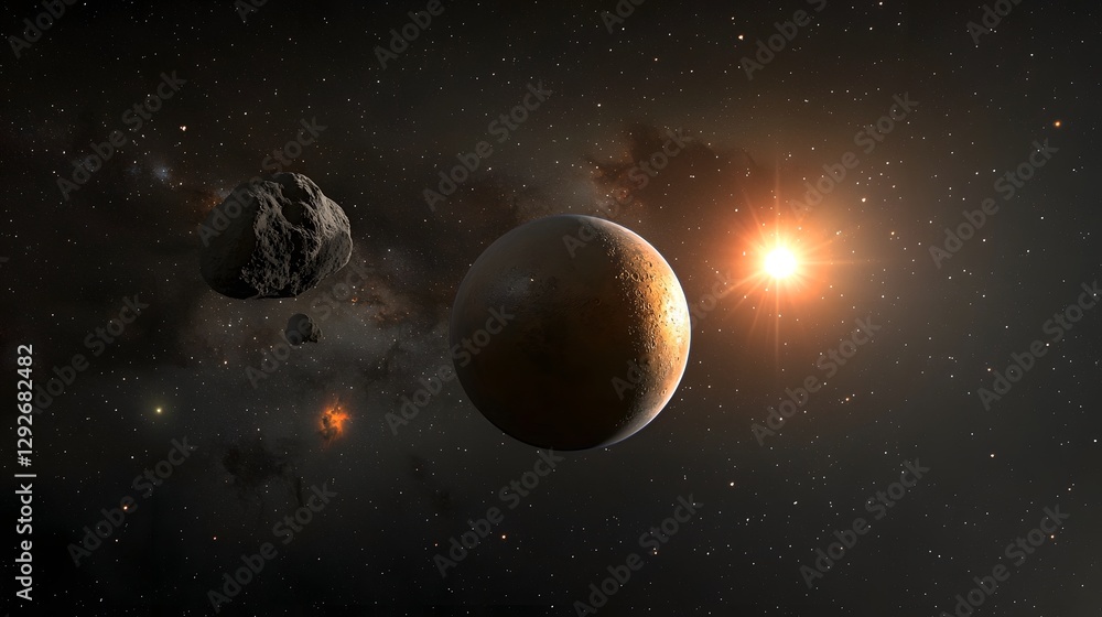 Poster scientific visualization showcasing the orbit of the exoplanet proxima b around the red dwarf star p