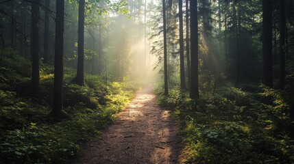 Obraz premium A path through a misty forest with sunlight streaming through the trees.