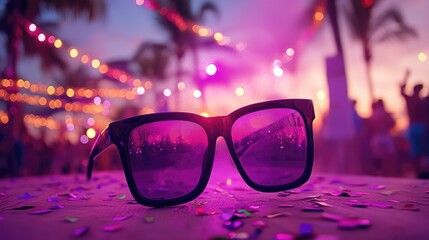 Colorful Sunset Beach Party with Trendy Sunglasses and Festive Atmosphere