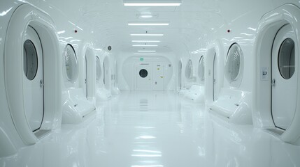 Clean Room Corridor; sterile, modern, white. Ideal for scientific, industrial use