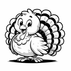 Fototapeta premium Funny line art sketch of a friendly turkey with a fluffy tail, designed for a children's coloring book.