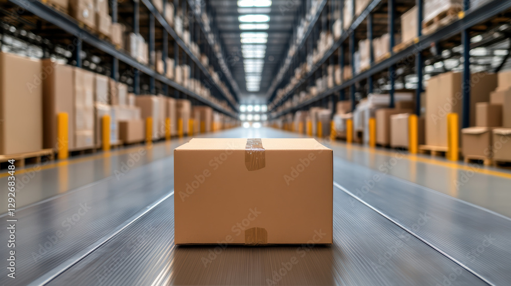 Poster well organized package sorting facility with boxes lined up neatly