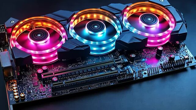 Colorful LED computer graphic card on dark surface. Possible use for technology articles or advertising