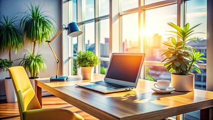 Modern workspace, bathed in natural light, laptop ready.